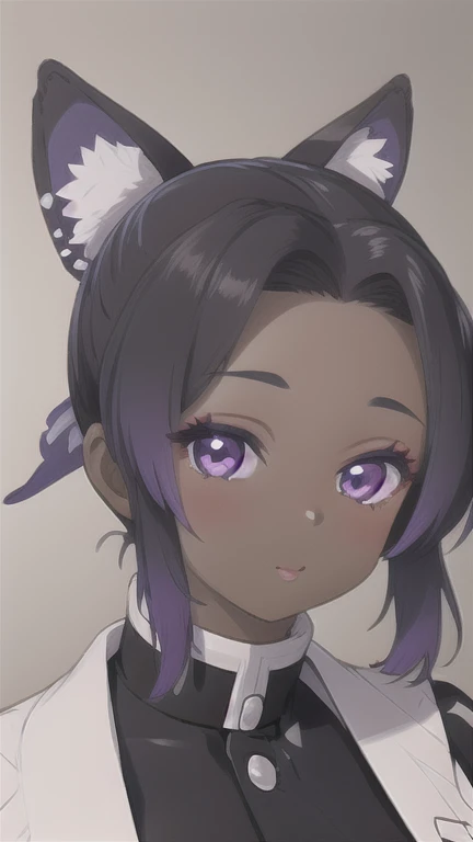 shinobu konou(afrocentric skin), 1girl, tan skin, dark skin, very tan skin, animal ears, female focus, purple hair, fox ears, purple eyes, gloves, bird, flower, animal ear fluff, solo, blunt ends, vision (demon slayer), asymmetrical sleeves, fox girl, tassel
((looking at viewer, portrait)), masterpiece, best quality,