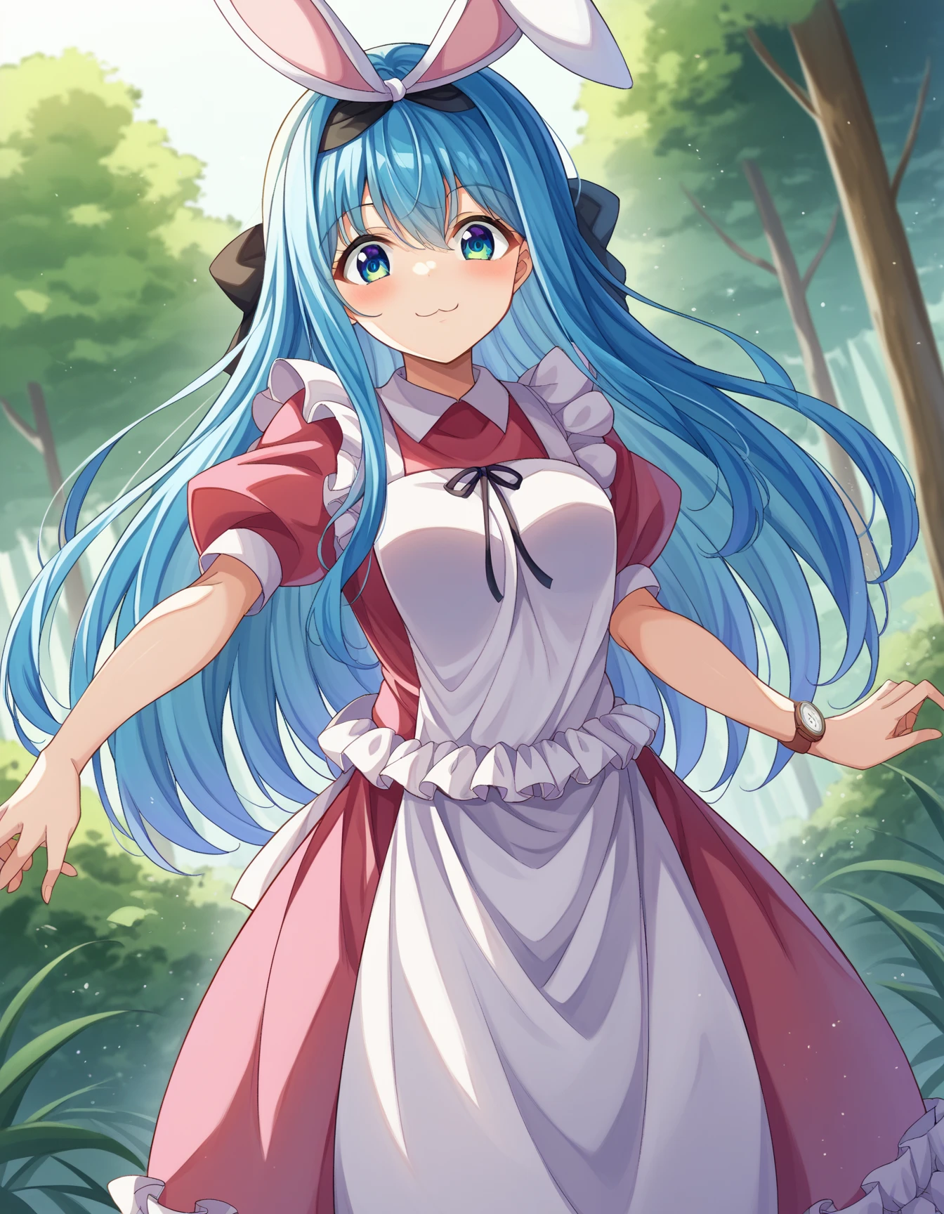  score_9、 score_8_ up、 score_7_ up、 Source_anime、

Alice mono novel 、Alice mono novel 、 animal ears 、黒い headband、 blond hair、bow、偽の animal ears 、Blue Eyes、 headband、 long hair、非常に long hair、

 apron、青い dress、襟付き dress、 dress、Frills dress、Frills、白い apron、

Outdoor、forest、smile、White bunny ears、 blue hair

Watch the viewers、 cowboy shot、 Dutch angle 、solo、