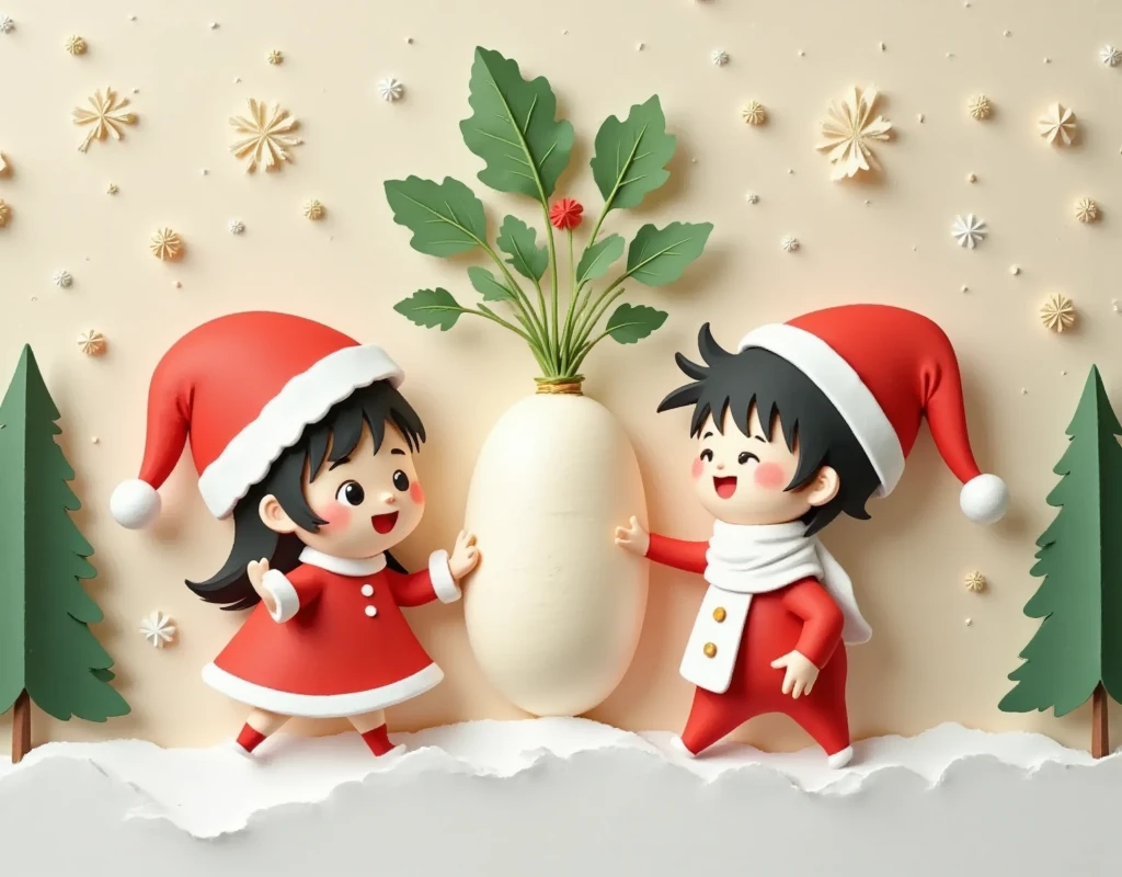 masterpiece,chibi character,(one girl and one boy),they are with a little daikon character,it has leaves,party of Christmas,Wallpaper is[reindeer pattern],flat illustration, high image quality,