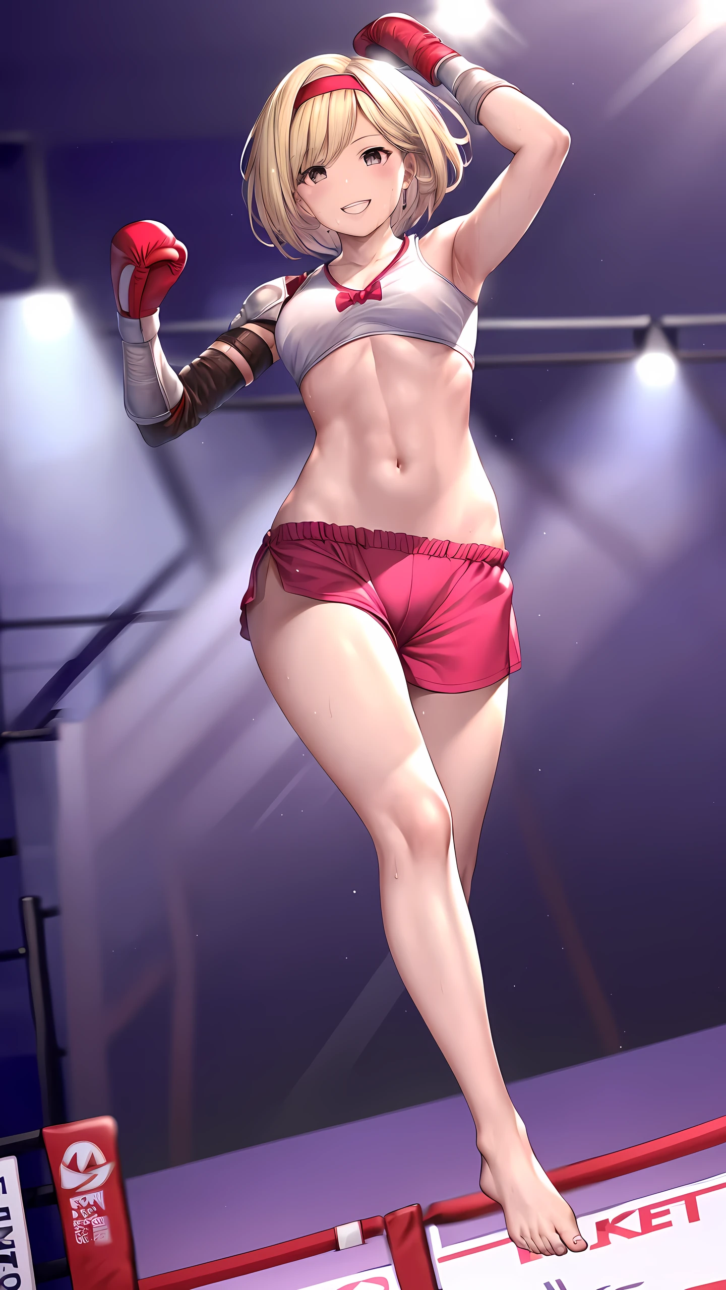 djeeta_(granblue_fantasy), 1girl, solo, Detailed eyes, (wearing mma costume:2, bare thigh, mma gloves, no sleeves, visible navel), bare foot, (slim long legs:1.3), Perfect body, (on boxing ring :1.5), (happy smile:1.5), Toned body, Ultra HD, Detailed eyes, Detailed face, full body shot, looking at viewer, (from below:1.5, victory poses:1.5, arm up), sweaty,