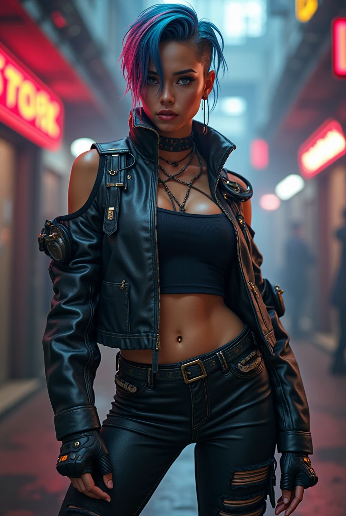 2077v, cyberpunk woman wearing neon jacket collar cyberpunk hi-tech (bodysuit:1.2) leather jeans tattoos, neon lights,corporate logos, cyberpunk city,<lora:2077V:0.6>
