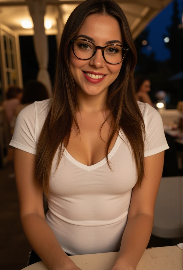 Extremely Photorealistic, HDR. Full body shot of a white woman who is 30 years old. Looks sweet and friendly. Cute, pretty, beautiful, "girl next door." She is short, 5'2" in height. Long straight Dark brown hair. Large round brown eyes, downturned, slightly wideset. Bushy high arching eyebrows. Hourglass figure, large hips, huge breasts that are disproportionate to her body. Facial features are soft, feminine, delicate. Many brown freckles. Skin has a tan complexion. Heart-shaped face. Wearing a skin tight white T-shirt, cleavage showing. Heavy eyeliner, red lipstick. Wears large round thick framed tortoise shell glasses. Big smile, joyful. sitting at table at outdoor restaurant at night, posing seductively.