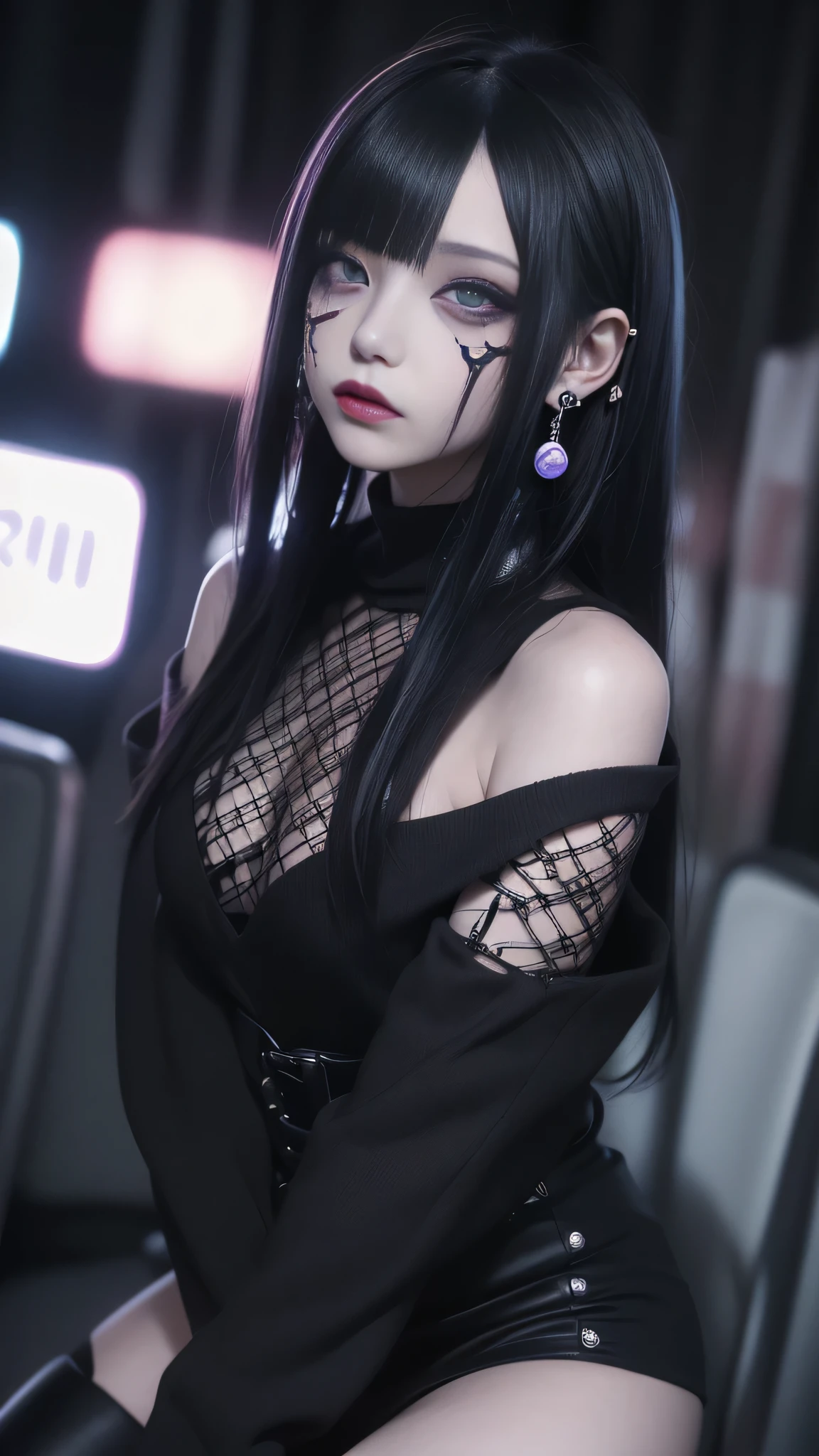 movie lighting、(Key Light:The front is at a 45 degree angle , Subsidy Light、Backlight、shadow、Blue and orange hues), accurate human body、Knowledgeable person、Correct five fingers、 RAW photo、4K - ultra-vivid、 top quality , masterpiece, super high res, (reality: 1.4),
(((, growing skin、 Realistic Skin Texture 、Beautiful skin details、 pubic skin、 pubic skin)))、
((( beautiful eyes、Exquisitely drawn eyes、Right eye is red、Left eye is blue、big, round eyes)))、
Beautiful young people, 19-year-old girl, Attractive girl, Cool girl、 girl、 miniskirt、 black mask 、((赤いHeavy makeup))、(( small breasts)) 、 girl 1人, PURPLE EYES, off shoulder sweater dress, movie lighting、Purple and black hair、(Mine girl、 gothic makeup 、My Makeup)、( earrings for women with first name、 small breasts、Oversized black t-shirt with open shoulders、Dark miniskirt)、((Heavy makeup、, growing skin、 Realistic Skin Texture 、My skin is now beautiful 、 pubic skin)), Dark city at night、Kabukicho、 Dark Cyberpunk 、( full shot:1.8)、Thin legs、Thin arms、Narrow shoulders、Slim waist、 slender body、 small breasts、whole body
