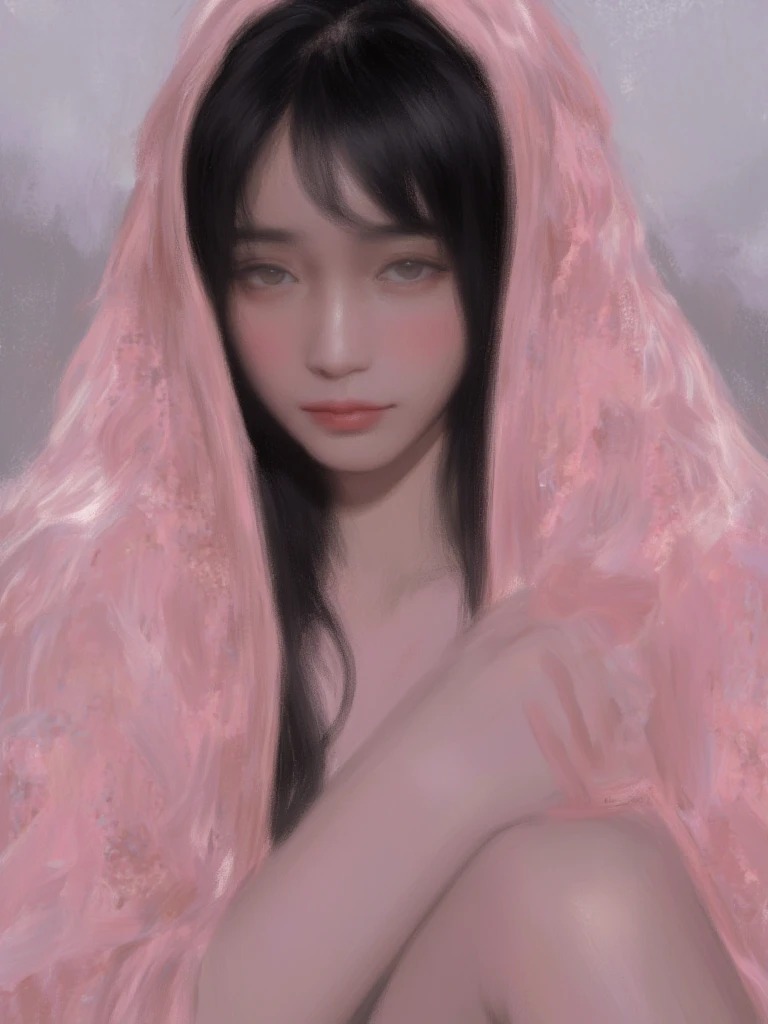  Elegant fabric The picture hanging over her ， depicts a young woman ， She has a peaceful expression ， A portrait of a young woman .  is a work of digital art {x} She has pale skin and an elongated body,  black hair scattered over her shoulders .  Her five-pointed sophistication , Cheeks are slightly red .  She is covered with a flowing ,  wrapped in pink fabric ， focuses attention on the theme . Soft and blurred background,  The theme is a fantasy style . 