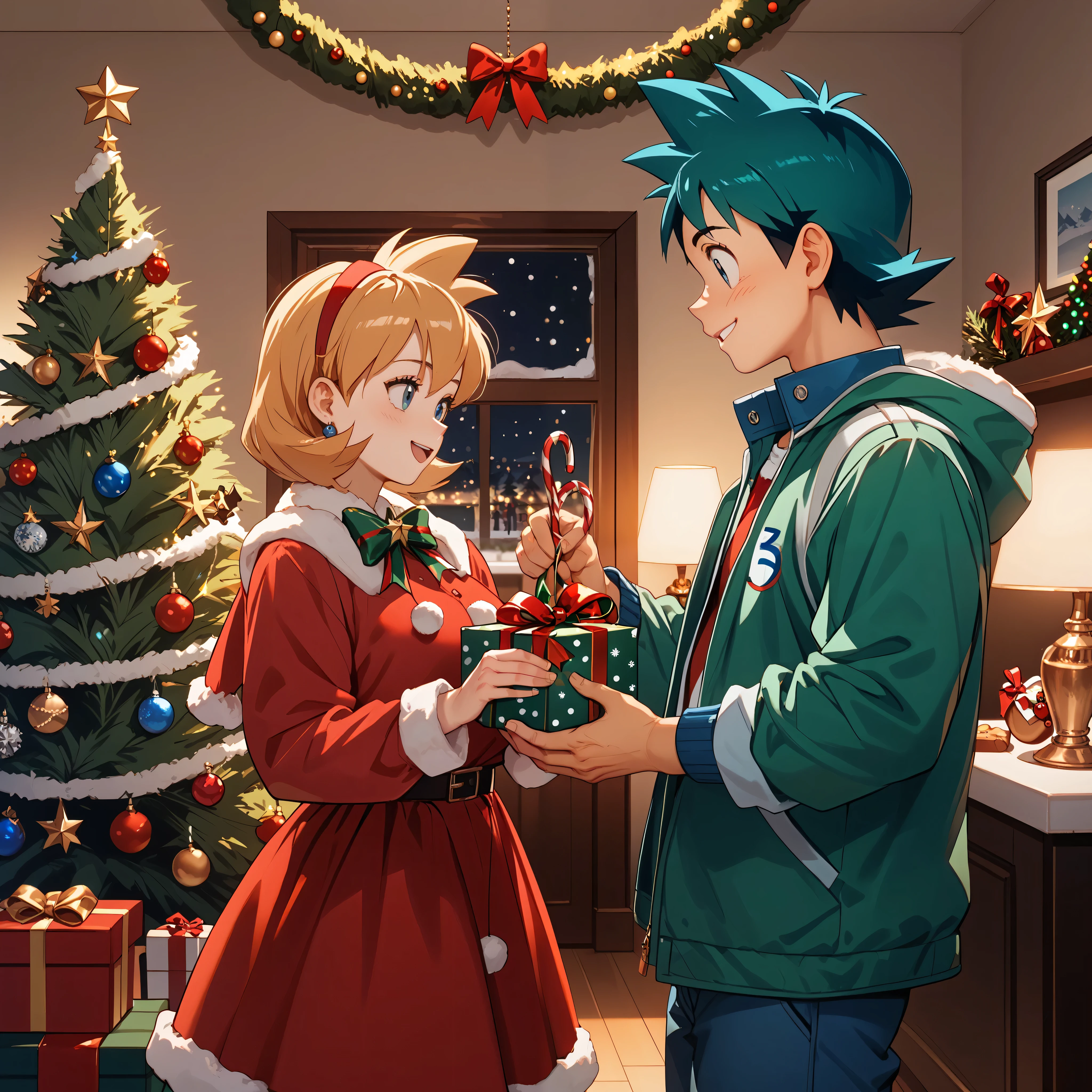 highly detailed, (couple), hetero, (duo focus), highres, 1man, 1woman, BREAK, 1man, ash ketchum, aged up, handsome boy, good looking boy, wearing Christmas outfit, BREAK, 1woman, misty_g2, wearing green Christmas outfit, decorating Christmas tree, ornaments, ornaments in hand, Christmas tree, standing next to Christmas tree, placing ornaments on Christmas tree,