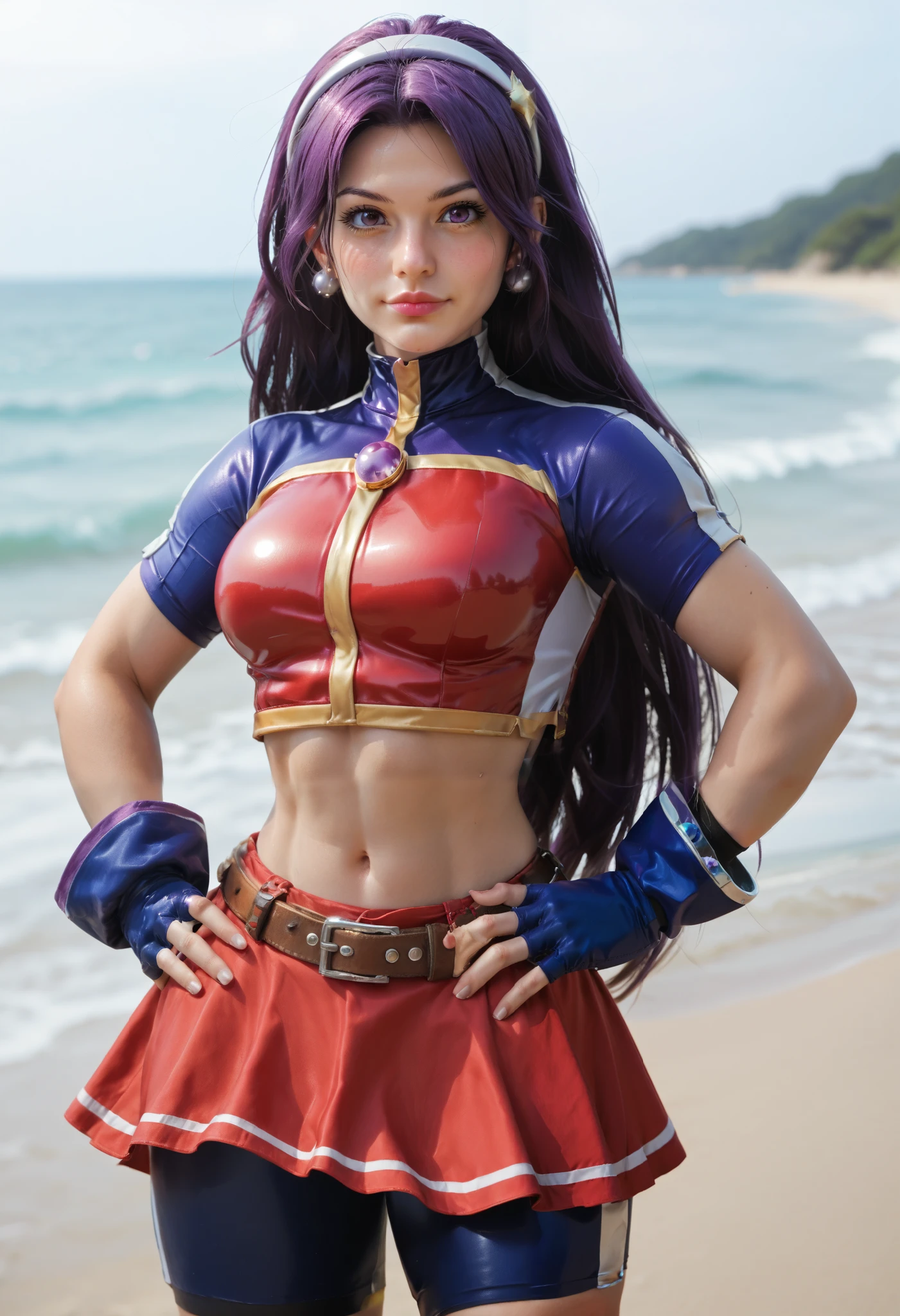 Masterpiece,best quality,ATHKOF2002, purple hair, long hair, purple eyes, white hairband, blue sleeves, pearl (gemstone), short sleeves, red top, belt, fingerless gloves, navel, red skirt, biker shorts, blush, solo,skin tight clothes, standing on beach, seductive pose, light breeze, beach setting,shiny skin, cowboy shot, midriff, thick thighs, shiny clothes, one hand on hip,other had on hair, (light smile:0.7), closed mouth,supermodel face ,big lips