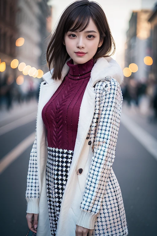 (Symmetric,  Constructed with Colorful Geometric Arabesque Patterns, flower,  bubbles and splashes and sparkles ), break, ( One girl ), (),   super beautiful detail face ,  smiles shyly, Symmetric black eyes,  small breasts), break, ( Red Houndstooth Coat :1.4), ( Off White Turtleneck Sweater Dress:1.3),  dark brown hair ,  HALF UP, ( beautiful faces:1.2), break,  High Quality ,  realistic ,  very detailedなCG統一8K壁紙,  very detailed,  High Resolution RAW Color Photos , Professional photography,  realistic  portrait, Cinematic Light,  beautiful details,  super detailed ,   High Details  , (((Bokeh))),  depth of field, illumination,  super stylish lighting