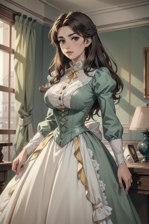 ((ultra detailed, masterpiece, best quality))
 DisneyBelle, 1girl, solo, brown hair, brown eyes, long hair, big breasts, victorian dress