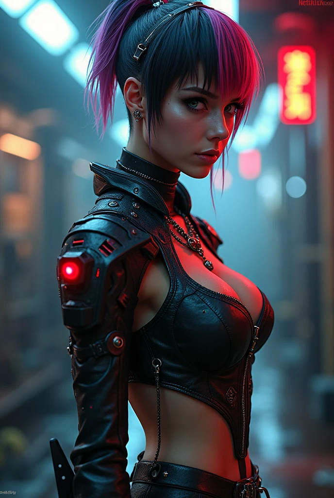 (Beautiful mature female (perfect face)), (Milla Jovovich:0.3), wicked smile, pale skin, (skin texture:1.1), (high detail sexy cyberpunk clothing), (high detail eyes:1.2), (multi coloured hair), (side of head shaved), fit athletic body, cyberpunk city at night, raining, (masterpiece), (photorealistic:1.4), RAW photo, best quality, high res, rich colors, backlight, cinematic lighting, film grain, raw photo, 50mm lens, Nikon D850, warm colors