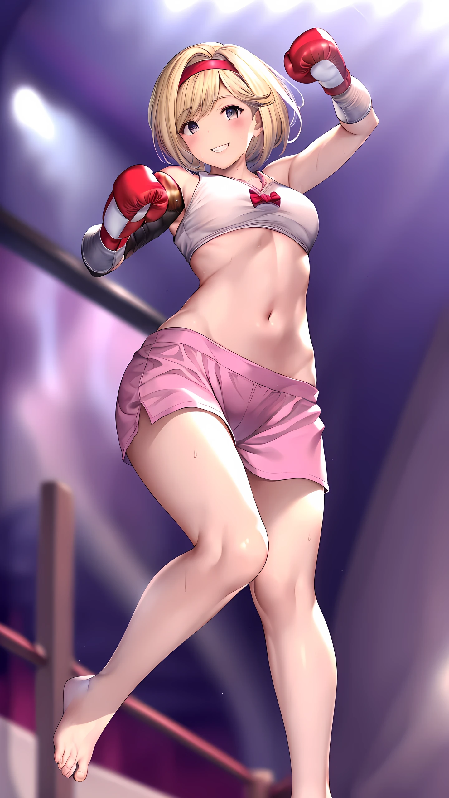 djeeta_(granblue_fantasy), 1girl, solo, Detailed eyes, (wearing mma costume:2, bare thigh, mma gloves, no sleeves, visible navel), bare foot, (slim long legs:1.3), Perfect body, (on boxing ring :1.5), (happy smile:1.5), Toned body, Ultra HD, Detailed eyes, Detailed face, full body shot, looking at viewer, (from below:1.5, victory poses:1.5, arm up), sweaty,