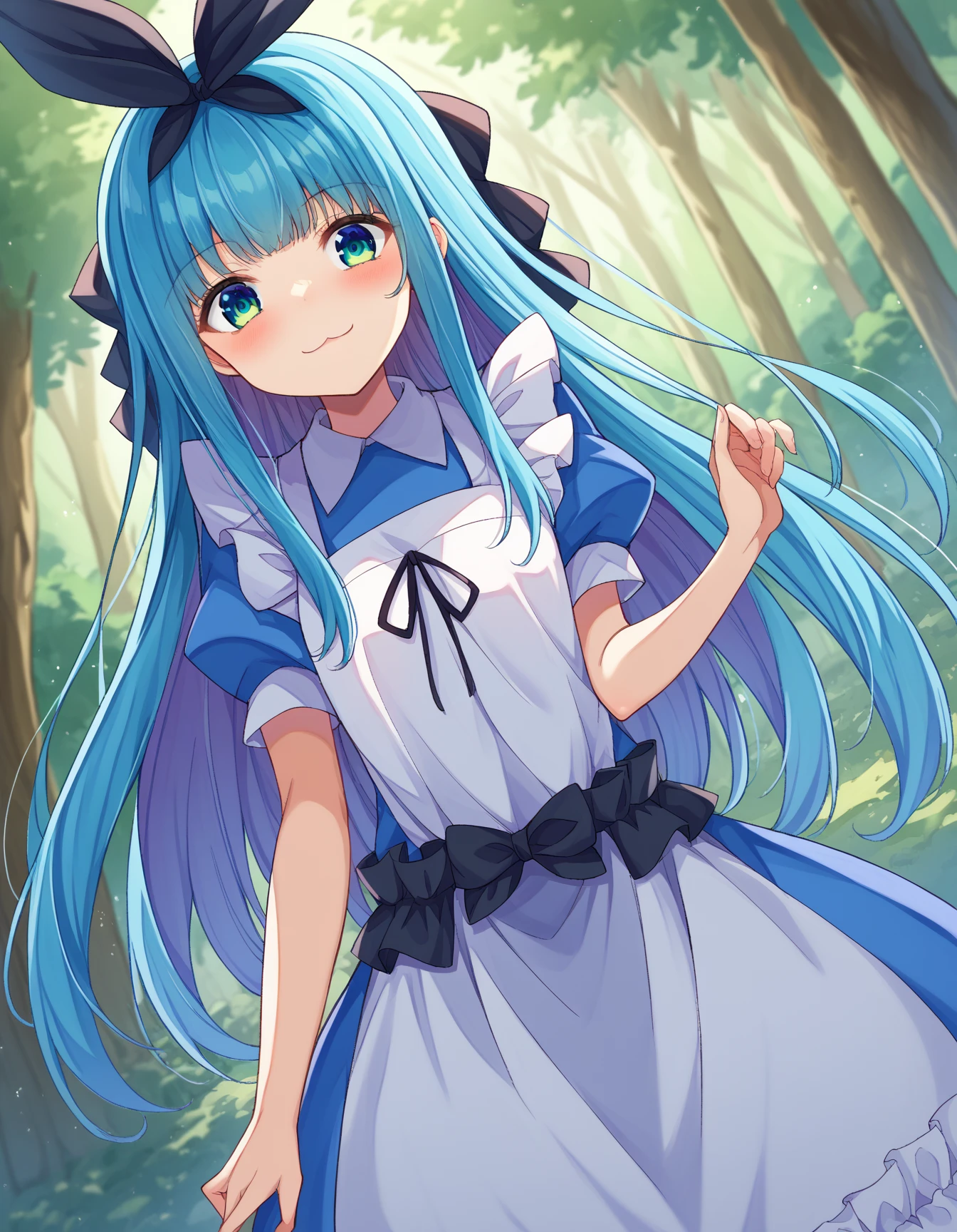  score_9、 score_8_ up、 score_7_ up、 Source_anime、

Alice mono novel 、Alice mono novel 、 blond hair、Blue Eyes、 long hair、非常に long hair、blue hair

Apron 、青い dress、襟付き dress、 dress、Frills dress、Frills、 white apron、 Alice in Wonderland

outdoors、forest、smile、

 viewers、 cowboy shot、 Dutch angle 、solo、
