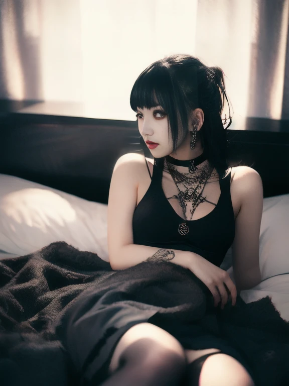    bed、  DIESEL PUNK     ,      Atmospheric volumetric fog     , masterpiece,      illustrations,  top quality , 8k,      high res  ,      wallpaper,      Cinematic Lighting ,     1 Japanese woman    、   Beauty 、    gothic makeup    、 Big Breasts 、   closeup      、    skirt、Bare legs、    skirtめくり、 