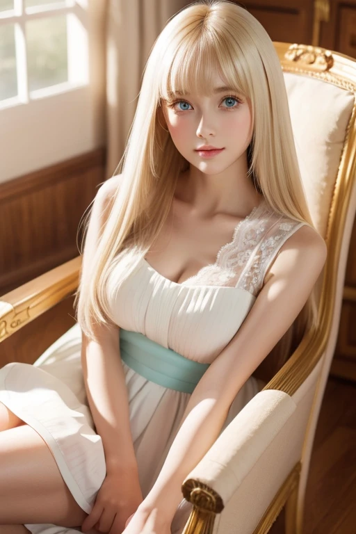 Very white、 very beautiful in a chair 、Beautiful girls of the world、 very beautiful in a chair きれいな顔をした女の子、beautiful beautiful blonde hair、 Half body shot of an extraordinary beautiful girl 、Eye-blocking bangs 、Beautiful long bangs、Beautiful bangs between the eyes、 striped hair、Round face、 very bright very bright pale mint green eyes、 super long straight silky hair 、 very beautiful bright very bright iris 、 big eyes、Pure white and beautiful skin、 the luster of young cheeks 、 pink dress、The beauty of a small face、Round face、 Big Breasts 