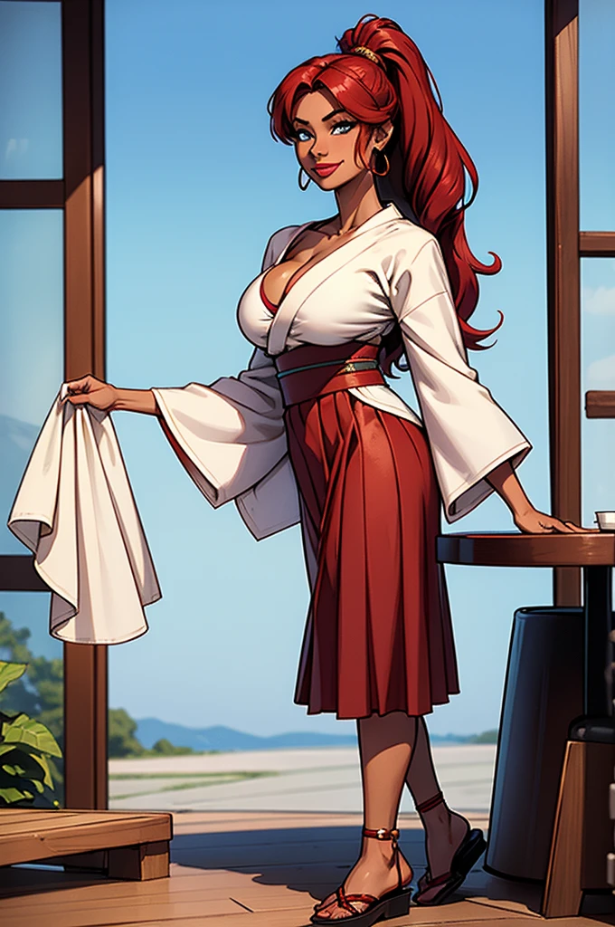 1girl, modern fantasy, small sultry japanese woman with tanned skin, tan skin, 18 years old, short height, (breast implants), huge (round fake tits), deep v-cleavage, wavy (crimson hairs) with side bang, very long high ponytail, (white kimono top), long sleeves, (very long green skirt:0.7)) with (side_slit:0.5), crimson obi, sandals, vibrant blue eyes, mischevious smile, mole under right eye, loop earrings, red lips, full lower lip, (full lower lip), standing, flirting in a coffee shop, assertive, crimson hairs, long ((green:1) pleated skirt:1)