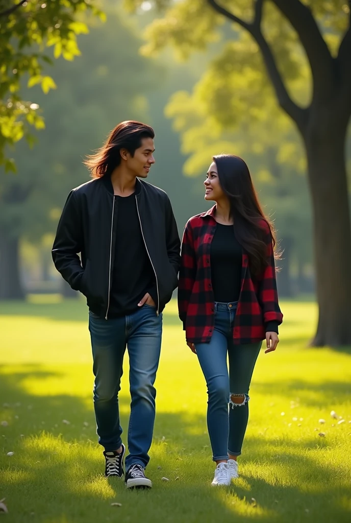 a woman with a chubby hourglass body with long straight black hair and a man with long black hair 