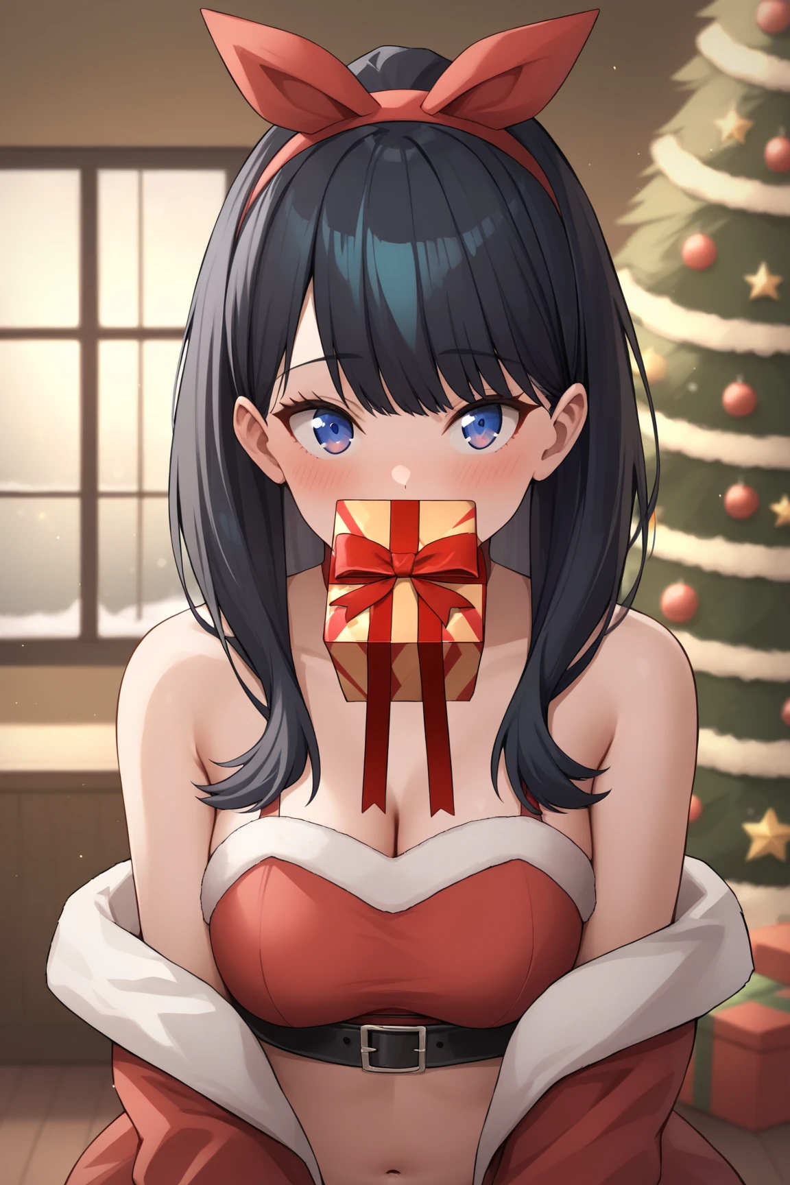 score_9,score_8_up,score_7_up, looking_at_viewer, upper_body, holding_gift, covered_mouth, incoming_gift, blush, takarada_rikka, 1girl, solo, simple red christmas costume, fake fur, Off-Shoulder, midriff-baring outfit, living room, christmas, 