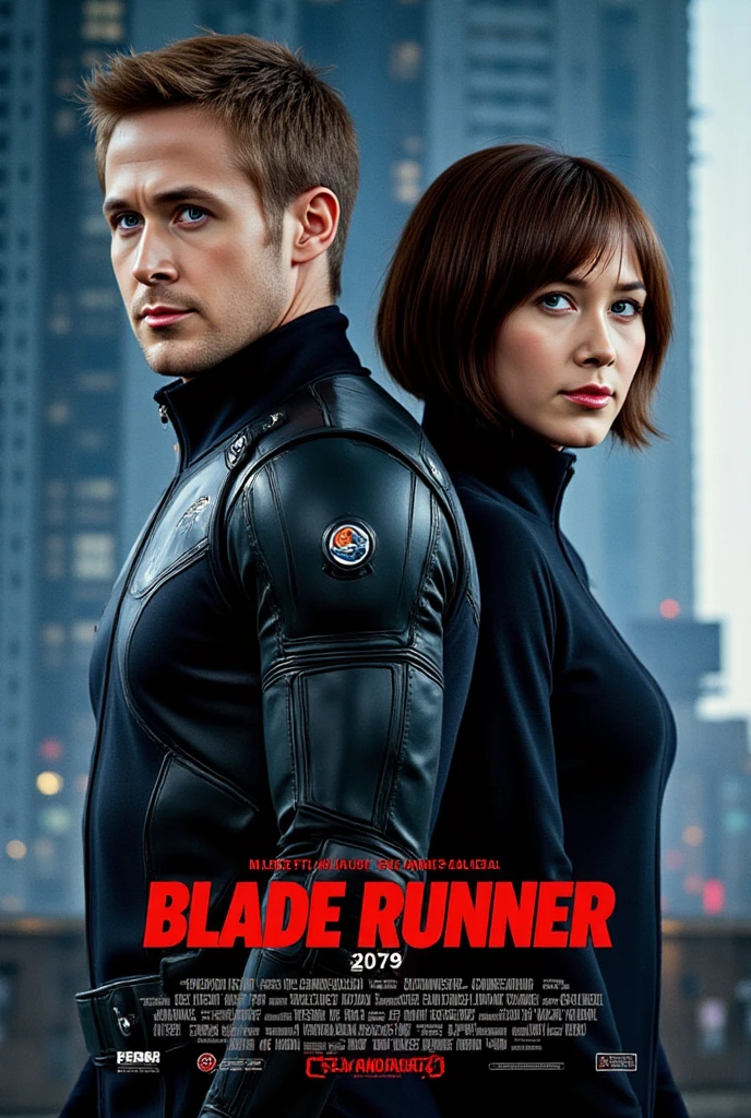 Movie poster, title is decoration metric color  letter "Blade Runner 2079" writhing bottom screen, 1 female and male ,standing pose, Front view, full body, 1 American actress, name is Ryan Gosling , next cinema Blade Runner 2049, title Blade Runner 2069 ,(buzz cut , serious) future technical costume, black protect hot wear, Front view, full body, 1 Japanese Future Time machine Designer by AI, female actress, name is Tasubasa Honda , 18-age, next cinema  Blade Runner 2079 female character  ,(shot cut , brown hair , serious, college student, ) ,He came to Tokyo using a time machine to search for his birth parents,  1984 years of Tokyo , on street,  (photographic, super high definition , retina, masterpiece,  anatomically correct, Accurate, textured skin,  super detailed,   High Details  ,  High Quality ,  High Quality ,  high definition , 8k)
