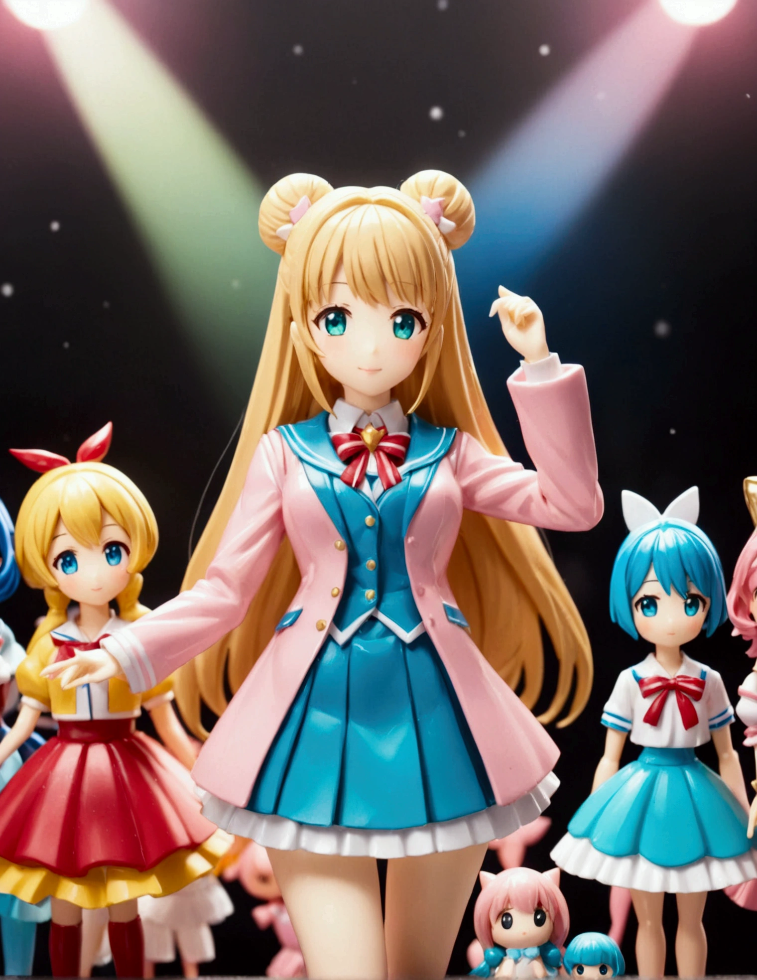 a close up of a person in a Magical Girl Costumes, magical school student uniform, anime vtuber full body model, chiho aoshima color scheme, close up iwakura lain, good smile company anime style, teal uniform, anime barbie doll, aya takano color style, anime figure, anime action figure, anime pvc figure, ( highly detailed figure ). blurry light particles