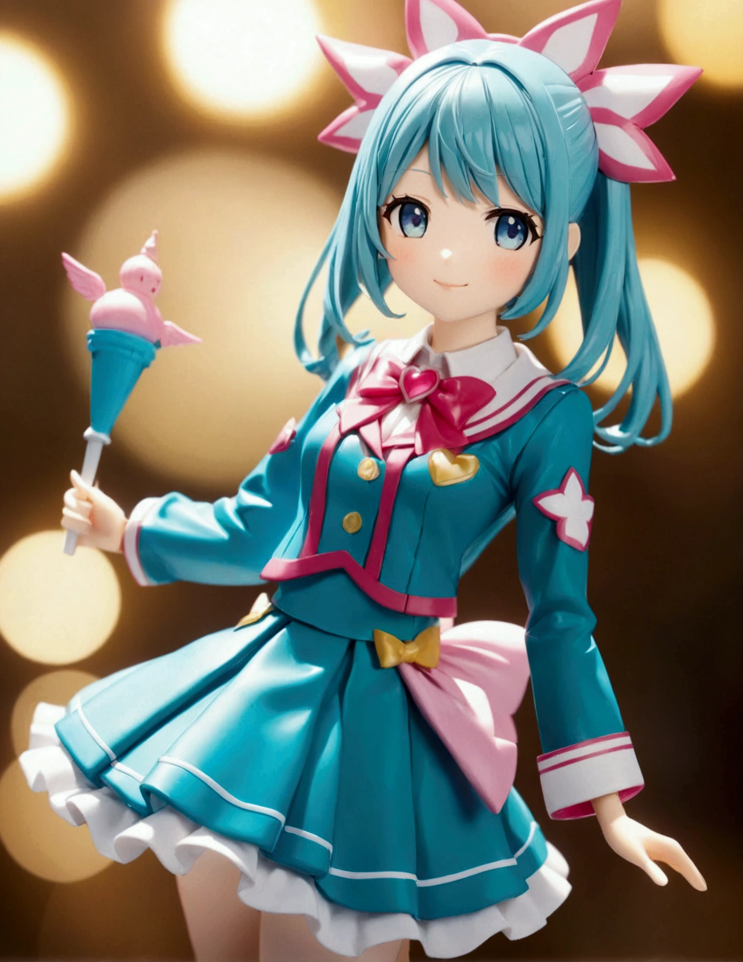 a close up of a person in a Magical Girl Costumes, magical school student uniform, anime vtuber full body model, chiho aoshima color scheme, close up iwakura lain, good smile company anime style, teal uniform, anime barbie doll, aya takano color style, anime figure, anime action figure, anime pvc figure, ( highly detailed figure ). blurry light particles