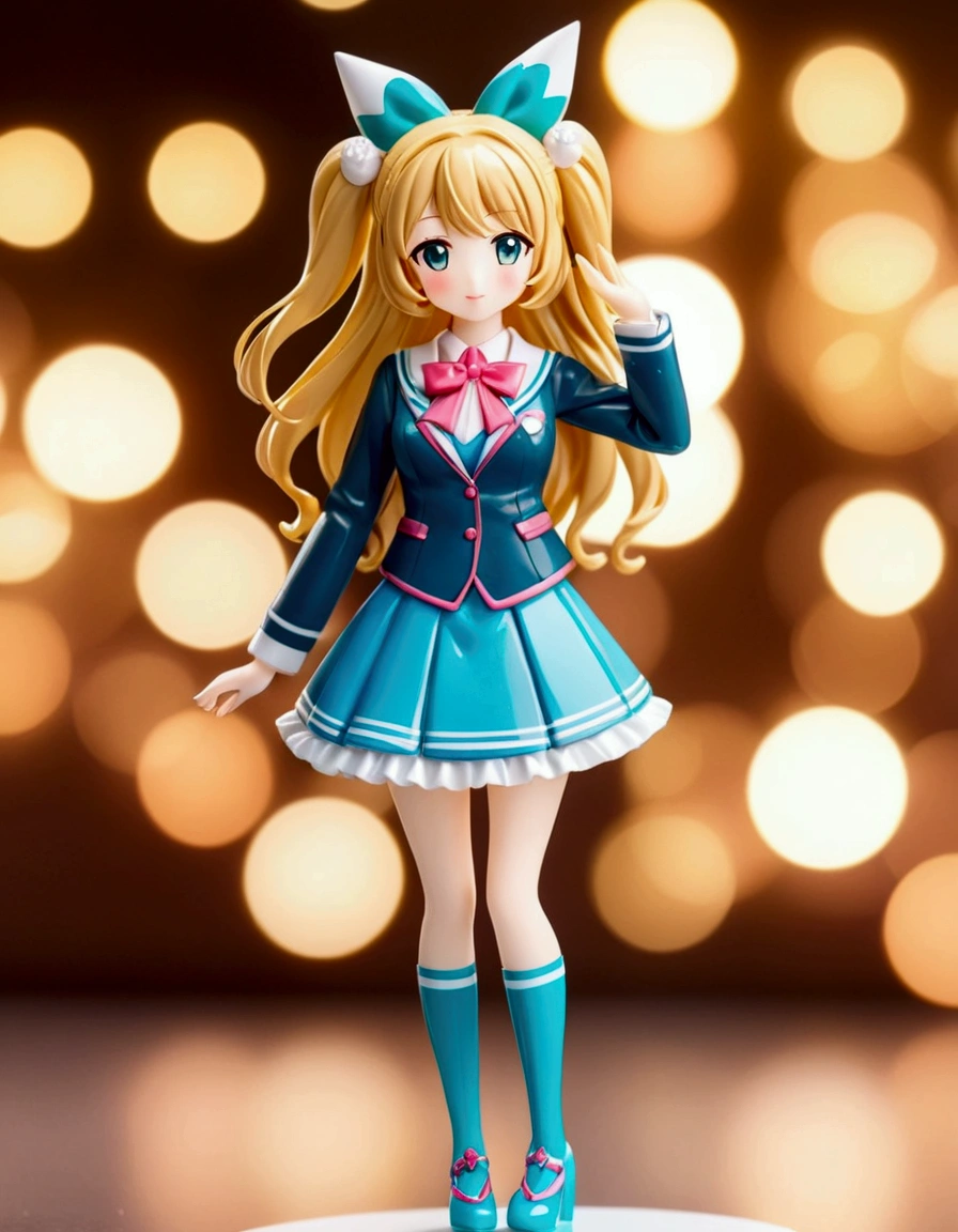 a close up of a person in a Magical Girl Costumes, magical school student uniform, anime vtuber full body model, chiho aoshima color scheme, close up iwakura lain, good smile company anime style, teal uniform, anime barbie doll, aya takano color style, anime figure, anime action figure, anime pvc figure, ( highly detailed figure ). blurry light particles