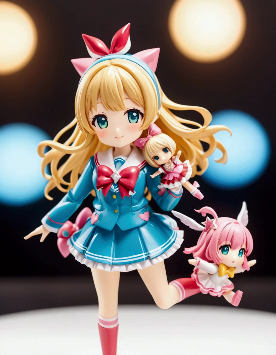 a close up of a person in a Magical Girl Costumes, magical school student uniform, anime vtuber full body model, chiho aoshima color scheme, close up iwakura lain, good smile company anime style, teal uniform, anime barbie doll, aya takano color style, anime figure, anime action figure, anime pvc figure, ( highly detailed figure ). blurry light particles