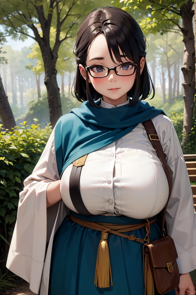 Dwarf Woman, is short,Big Breasts,The background is a forest,((Middle-aged women)),A little slim,Glasses