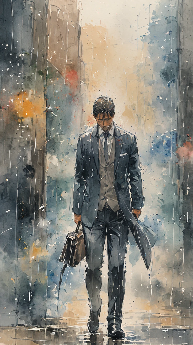 watercolor painting of a man in suit in the rain. full body shot of the man who is soaked under the rain. he tilts his head up to face the rain, the rainwater flows down his face. he is walking in the street, holding his hands out to feel the rain. watercolor brushes stroke painting style. the sky is dark.