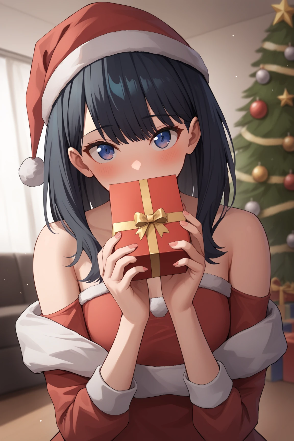 score_9,score_8_up,score_7_up, looking_at_viewer, upper_body, close up, holding_gift, covered_mouth, incoming_gift, blush, takarada_rikka, 1girl, solo, simple red christmas costume, santa hat, Off-Shoulder, midriff-baring outfit, living room, christmas, 