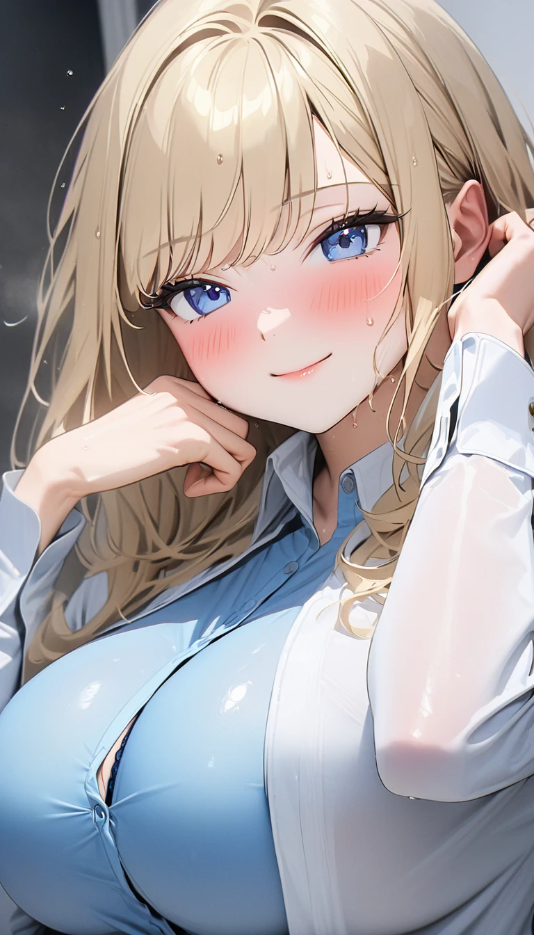 (((( super high res)))), (((最 High Quality )), ((masterpiece)), ( Details), 最 High Quality ,  High Quality , 超 Details,  perfect face, 4K, 8k, ((ultra quality)), ((1 woman, 20 years old, blue eyes, blond hair: 2.5, medium hair, glamorous, sitting, head rest), from front, breast focus, upper body, Full Finger,  shiny hair、 pubic skin, blush, embarrassed, light smile, Big Breasts,  Big Breasts ,  cleavage, business shirt, blue bra in shirt, sweat, 