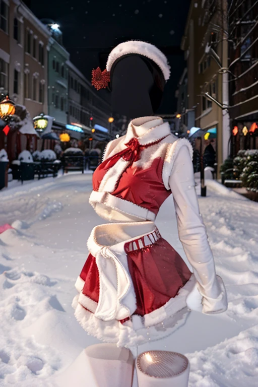 "An invisible Santa girl wearing a classic red and white Santa outfit, with her form subtly outlined by falling snowflakes and a soft glow. The background shows a cozy winter landscape with snow-covered trees and twinkling lights. Her presence is hinted at by the shape of the clothing floating mid-air, faint impressions in the snow, and a gentle shimmer outlining her figure. The atmosphere is magical and festive, blending mystery with holiday cheer."