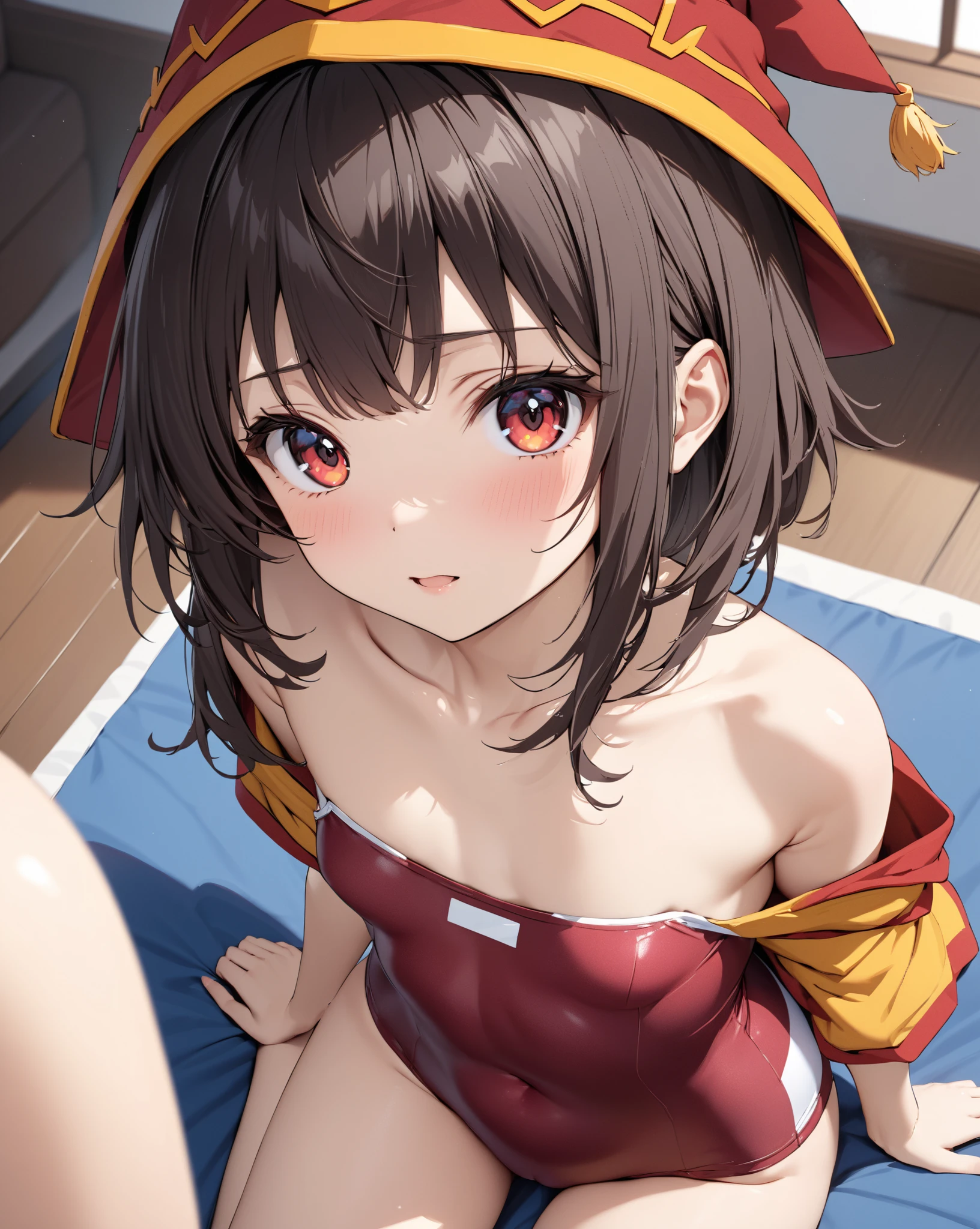 ( Japanese anime style),  cute,  school swimsuit, (Megumin), Small breasts, masterpiece:1.5, masterpiece, highest quality, UHD, retina, masterpiece, accurate anatomy, super detailed, high quality, best quality, 8k