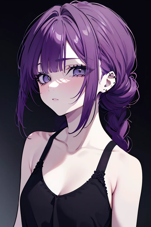 Girl, purple hair, hair over one eye, off-shoulder sweater, стоит прямо