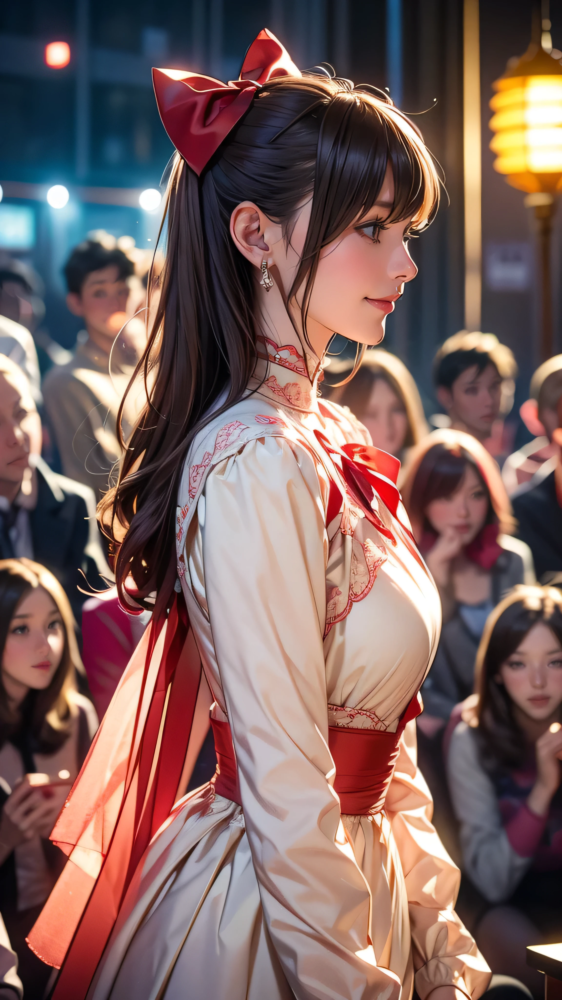 ( extremely delicate and beautiful: 1.2), One girl , bangs, blue eyes, Blur, Blur background, bow, Brown Hair, shut up, Side View, Eyebrow hair, hair bow, lantern, Particles of light, Long Sleeve , watching the audience, medium hair, knight , red bow, Alone, star(symbol), upper body, smile, red lips