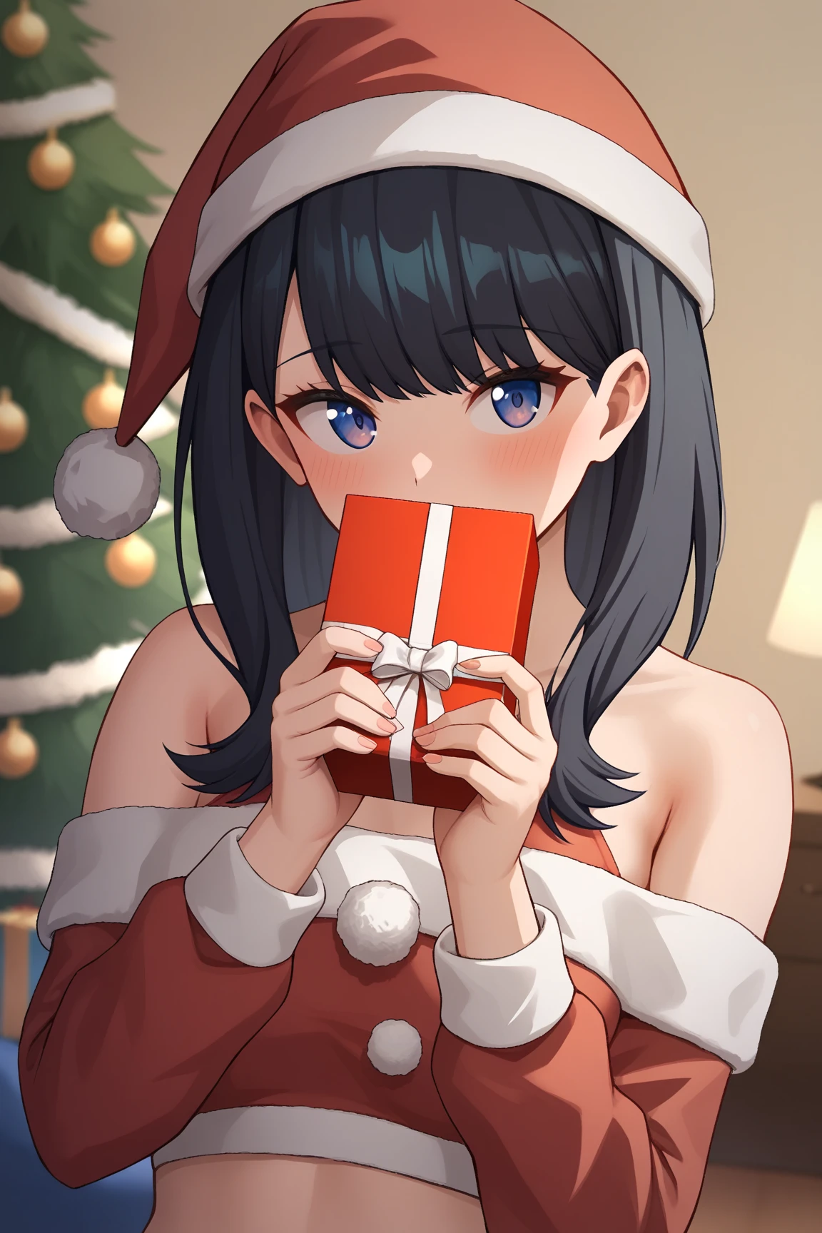 score_9,score_8_up,score_7_up, looking_at_viewer, upper_body, close up, holding_gift by hands, covered_mouth, incoming_gift, blush, takarada_rikka, 1girl, solo, simple red christmas costume, santa hat, Off-Shoulder, midriff-baring outfit, living room, christmas, 