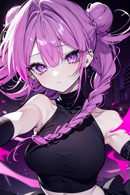 1 girl, wallpaper, whole picture, grey wall background, dark picture, dark alley in background, ruined wall background, asymmetric hair, grey hair, multicolored hair, long hair, medium breasts, psycho smile, evil_smile, dark purple eyes, view from the side, looking at viewer, long chain shackles, neon lights in background, , grin, ruffled hair, black dress