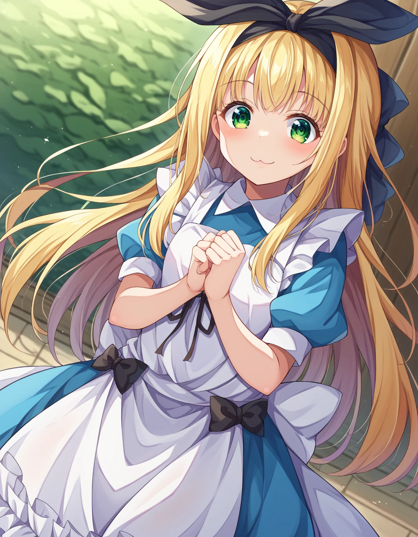  score_9、 score_8_ up、 score_7_ up、 Source_anime、

Alice mono novel 、Alice mono novel 、黒い headband、 blond hair、bow、bowの headband、 green eyes、 headband、 long hair、非常に long hair、

 apron、青い dress、襟付き dress、 dress、Frills dress、Frills、白い apron、whole body、Character portrait、

smile、

 viewers、 cowboy shot、 Dutch angle 、solo、