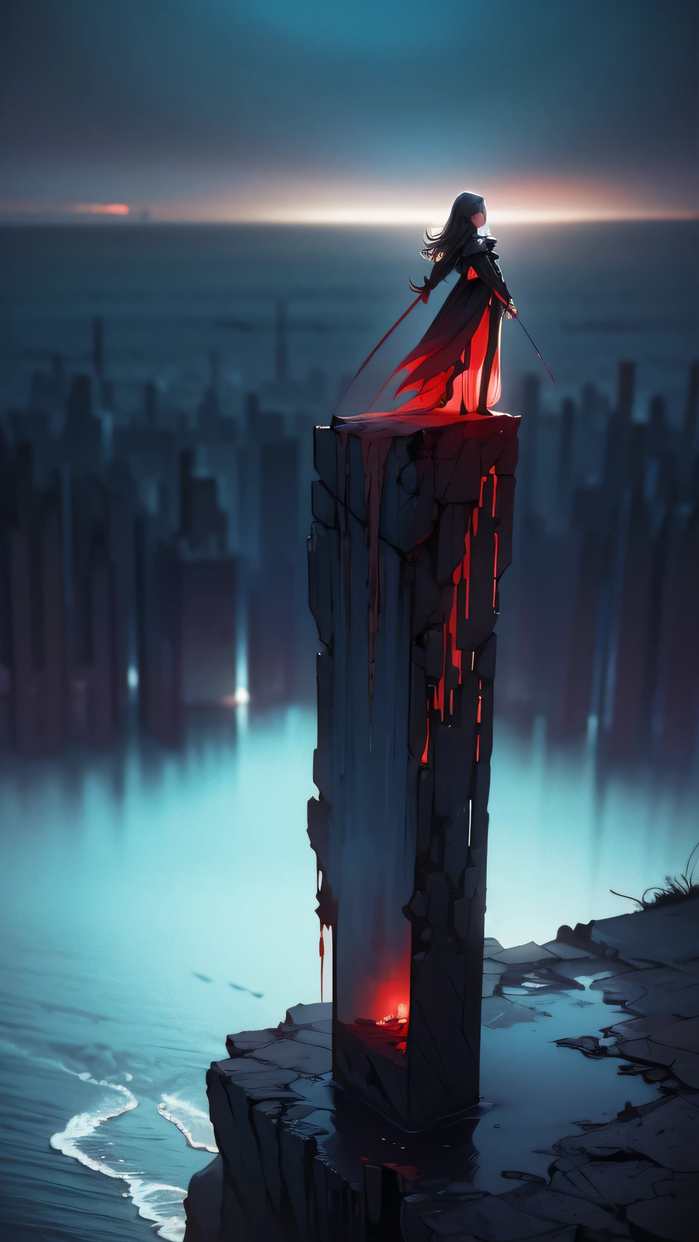 Black and white and blue and red,( top quality , ULTRA DETAIL, High Definition , very detailed CG), Wide Shot , dead angels standing on the edge of a cliff , she's so beautiful , Standing on top of it, she likes blood and the sea,Blood Rain, mysterious in another dimension,Fanatic, complicated, surreal,delicate