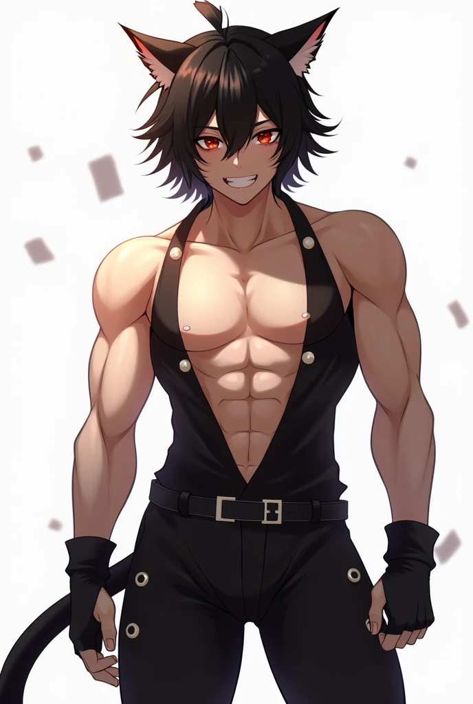 Tall, skinny anime man, but slightly muscular, shirtless but wearing black pants., torso with some cuts, black hair and green eyes, wolf ears and wolf tail, white