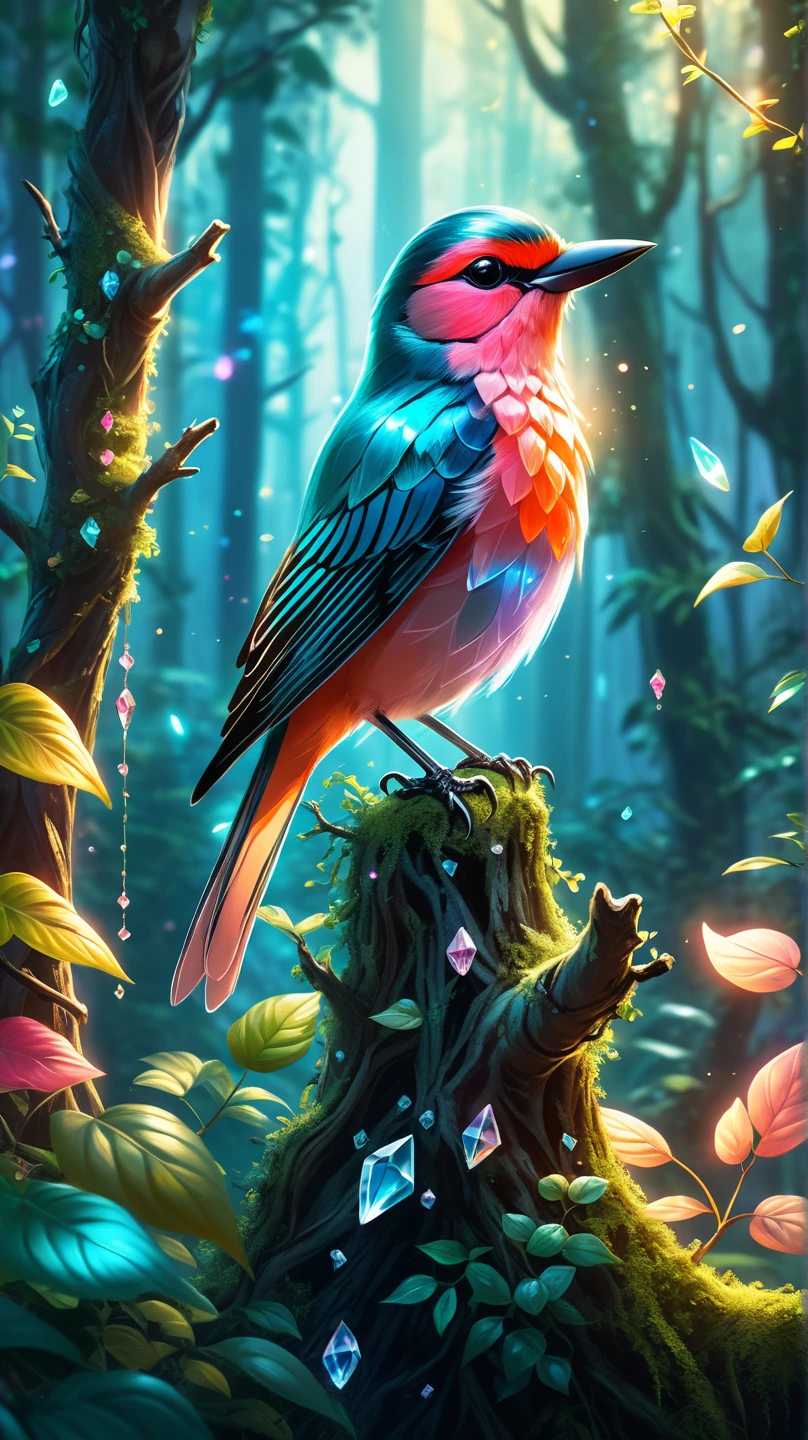 A crystal bird perched on a tree in an enchanting forest, glowing softly with magical light. The forest is lush with vibrant, ethereal plants, and the scene feels dreamy and surreal.