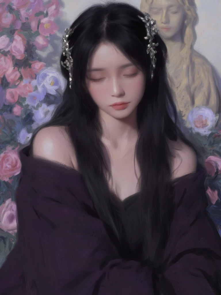 Digital artwork featuring a fantasy-style portrait of a woman with an ethereal and mystical appearance. The layout is vertical, focusing on the upper body of the subject. She has pale skin and delicate facial features, with long, dark hair adorned with intricate, metallic hairpieces. Her eyes are slightly closed, giving her a serene expression. She is draped in a flowing, dark purple robe that reveals her shoulders, adding to the elegant and mysterious aura. The background is a blend of soft, muted colors with floral elements and a stone sculpture, enhancing the fantasy theme.