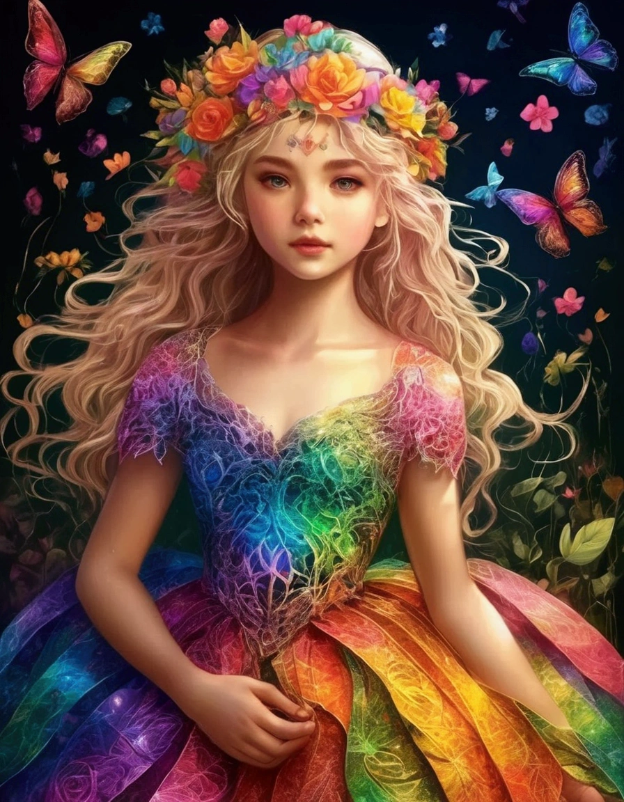 A beautiful girl with elegant rainbow foil dress, colorful scratch art flowers, rainbow magic princess, ethereal and strange foil art, Scratch art, Art Foil Rainbow, Rainbow Magic Scratch Paper, Scratch art flowers 💐, Rainbow foil princess peach, Scratchboard Art, Art Therapy, A new sense of elegance and strangeness, photorealistic, 8k, ultra detailed, high quality, digital art, fantasy, concept art, bright vibrant colors, dramatic lighting, whimsical, magical realism