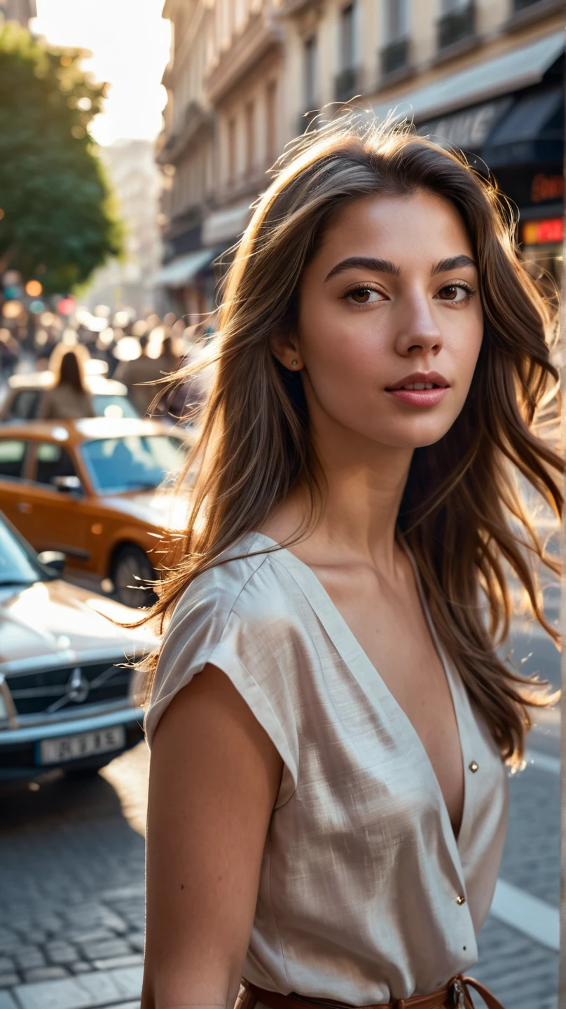 (1girl), Photo of a brown, in the metropolis, the weather is very warm and sunny, she is wearing a light summer dress, (freckles:0.8) cute face, ultra detailed skin, full face, Girl looking at the camera