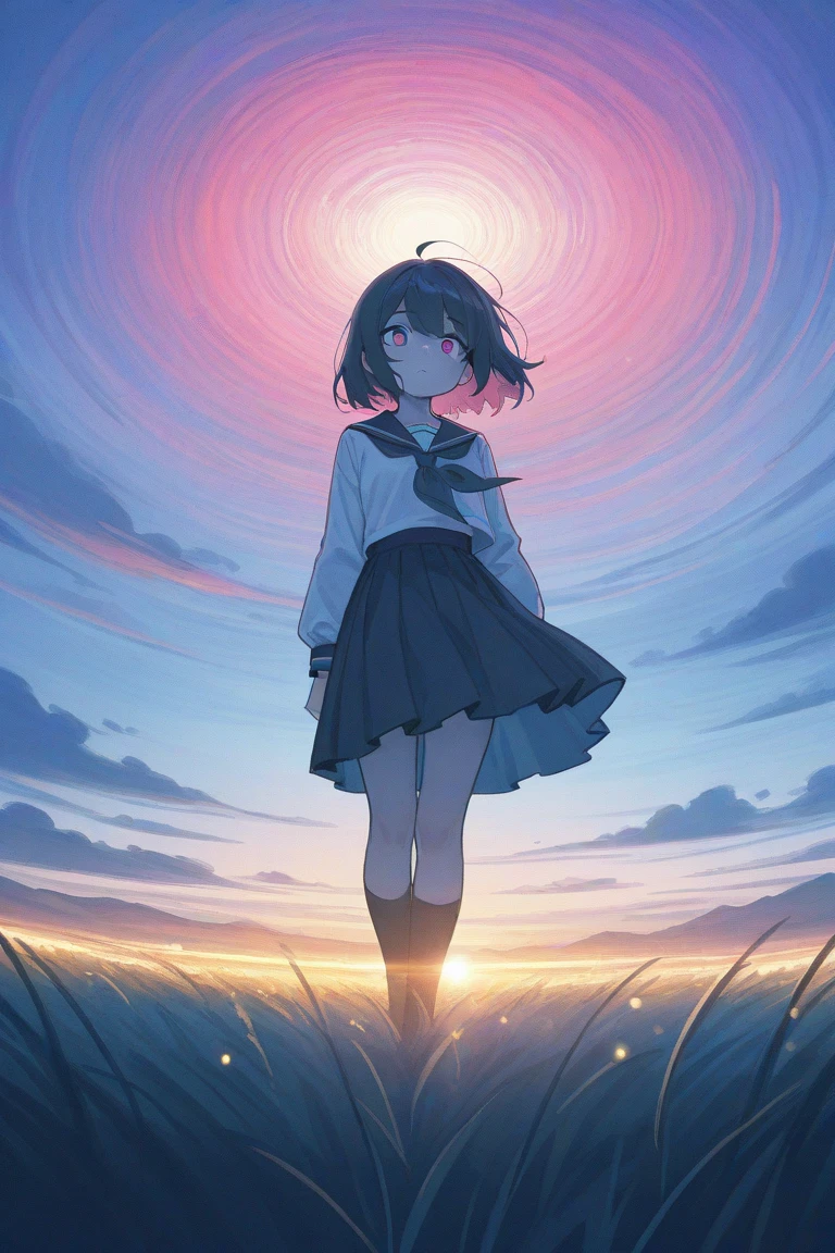 watercolor style, a girl looking at a psychedelic world collapsinganime, "field of depth","bokeh", anime style,  atmospheric perspective, UHD, retina, masterpiece, accurate, anatomically correct, super detail , high details, high quality, best quality, highres, 1080P, 16k