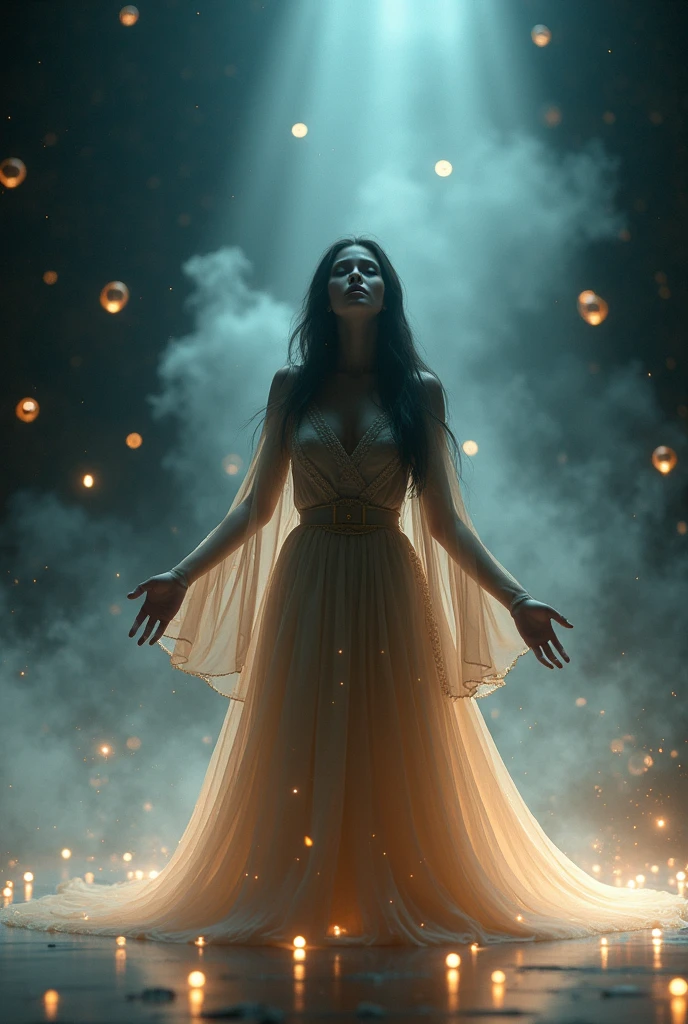 photo of goddess of stars wearing long plunge dress with headdress that has stars and body accessories