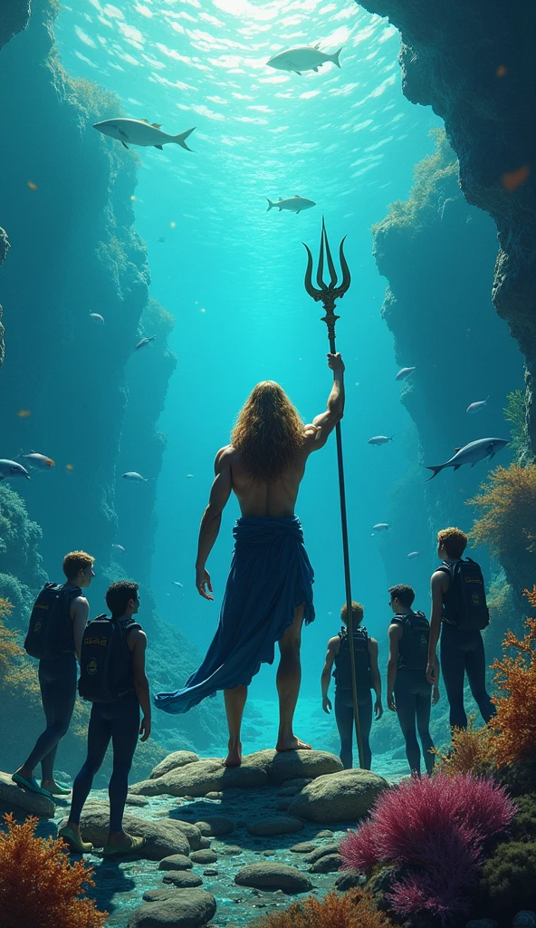 percy jackson, 14years boy, the sea throne, the Poseidon's Trident in his hand, underwater, black short hair and bright blue eyes, shirtless, greek clothes, varias divindades ajoelhadas diante dele