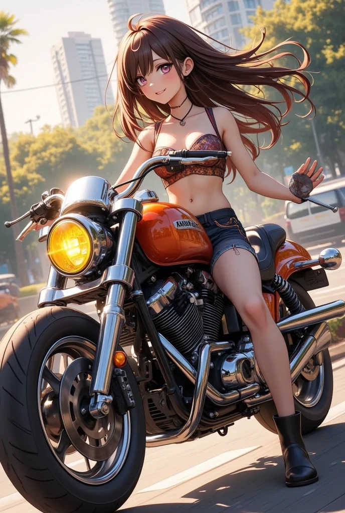 A Harley motorcycle parked on the beach on a summer morning. BREAK A woman in a bikini is riding a motorcycle and driving happily. Her hair is blowing in the wind. BREAK Everything sparkles in the sunlight. , shojo manga style illustration touch, ultra-fine illustration, very detailed, dynamic angles, beautiful details, 8k,