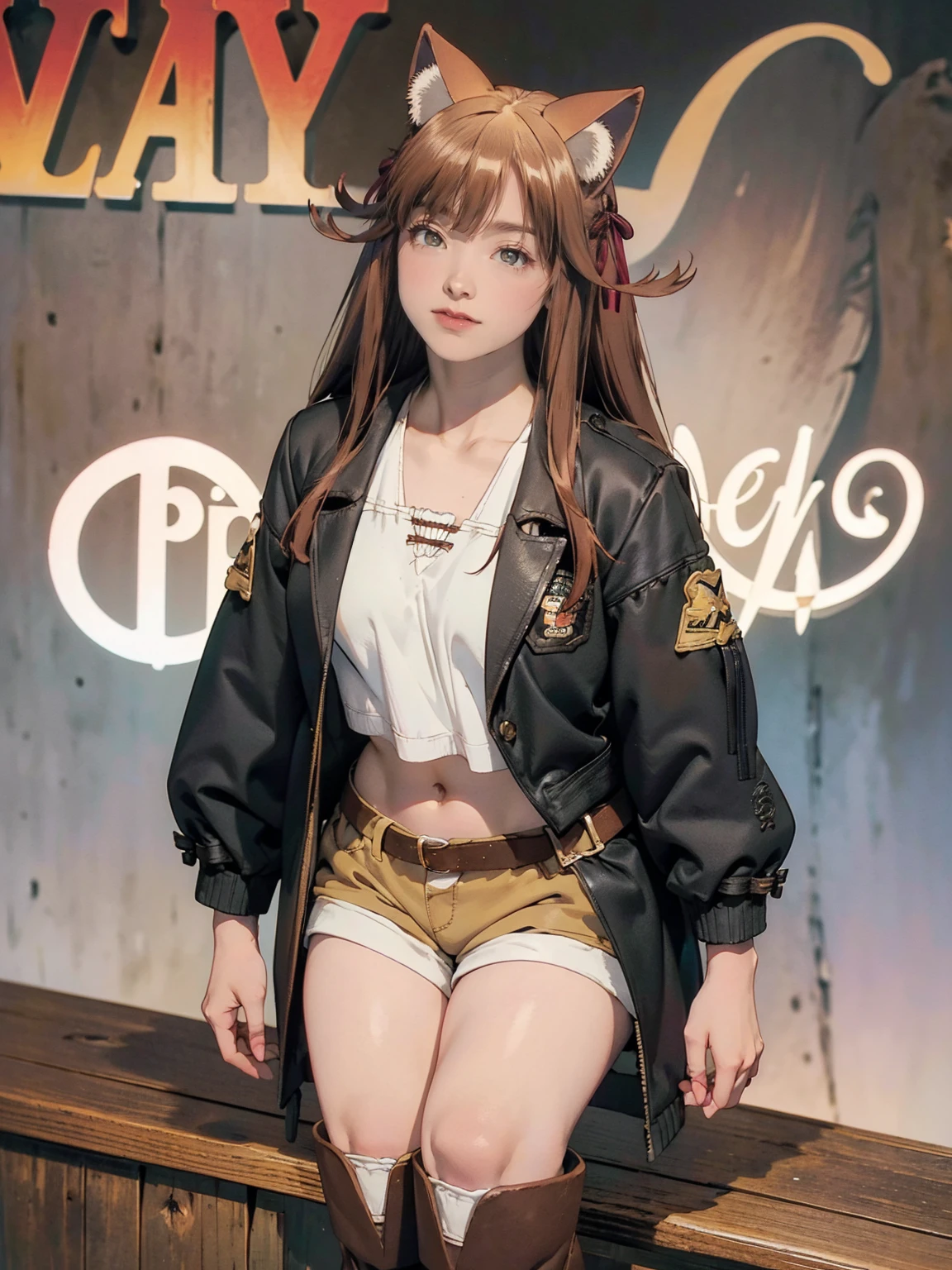  ANATOMICALLY CORRECT 、perfect hand、 perfect finger、Perfect Legs、1 beautiful beastman woman、 (( Black jacket、 brown shorts applying lipstick 、 Brown Long Boots 、animal ears ,  wolf ears)),  Big Breasts ,  smiles, Brown Hair,  medium hair,  Medieval European Castle Towns、Full body portrait、 wide angle shot, 立ち絵, 