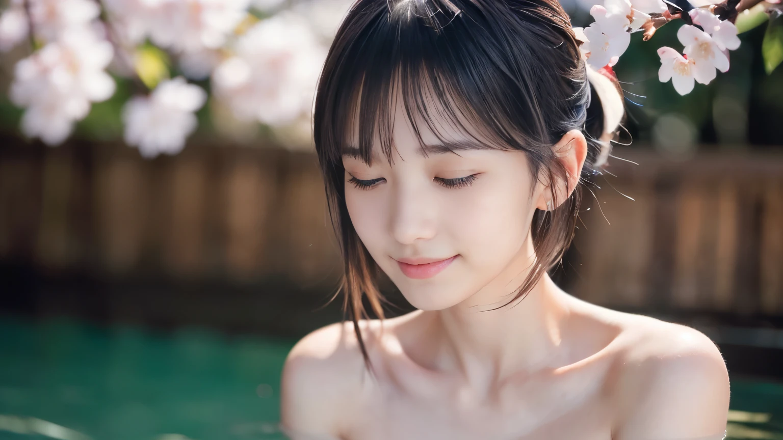 (Close-up profile shot of a naked slender small breasts two side up black medium hair with bangs girl:1.5)、(Naked girl is soaking in a milky color Japanese onsen outdoors with small smile and close her eyes:1.5)、(Outdoor Japanese onsen with milky white color and it has full bloom weeping cherry blossoms:1.5)、(blurred background:1.5)、(Natural light:1.5)、(8k ultra detailed master piece:1.5)、(perfect anatomy:1.5)、(Photorealistic stick:1.5)、(Raw photo:1.3)、(highest quality:1.5)、(High resolution:1.3)、(Delicate and beautiful perfect face:1.3)、(Delicate and beautiful eye air skin:1.3)、(Real Human Skin:1.3)、((thin legs))