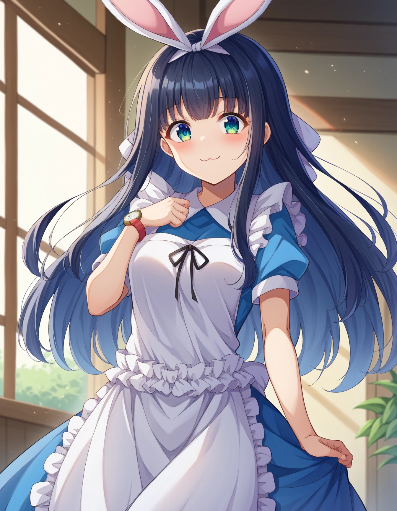  score_9、 score_8_ up、 score_7_ up、 Source_anime、

Alice mono novel 、Alice mono novel 、 animal ears 、 black hair band、 blond hair、Ba blue-eyed 、 long hair、非常に long hair、 blue hair、

 apron、青い dress、襟付き dress、 dress、Frills dress、Frills、白い apron、

smile、White bunny ears、 rabbit

Watch the viewers、 cowboy shot、 Dutch angle 、solo、 long hair, 