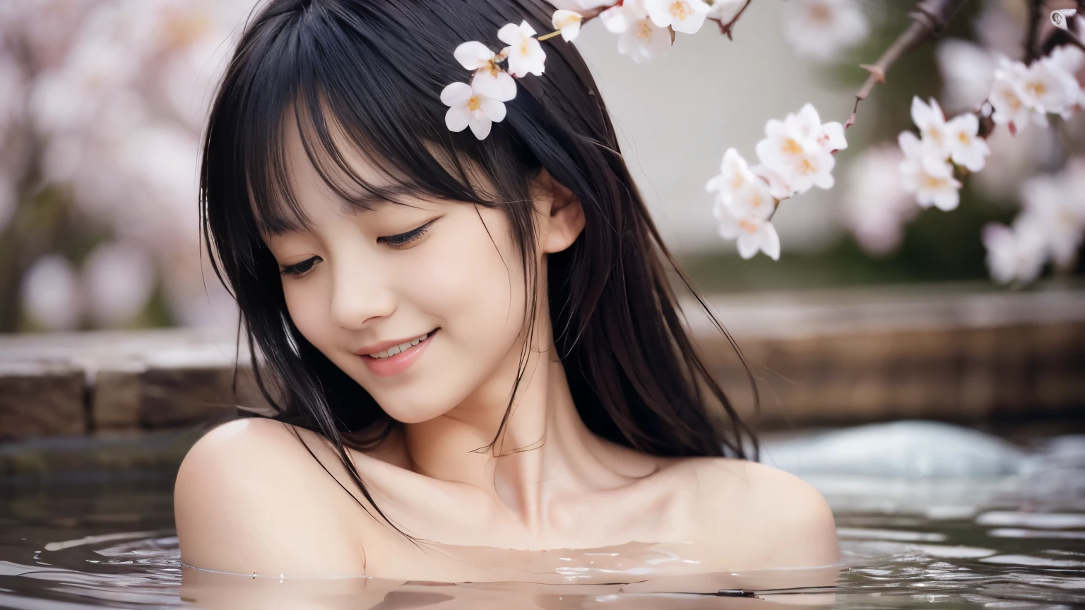 (Close-up profile shot of a naked slender small breasts two side up black medium hair with bangs girl:1.5)、(Naked girl is soaking in a milky color Japanese onsen outdoors with small smile and close her eyes:1.5)、(Outdoor Japanese onsen with milky white color and it has full bloom weeping cherry blossoms:1.5)、(blurred background:1.5)、(Natural light:1.5)、(8k ultra detailed master piece:1.5)、(perfect anatomy:1.5)、(Photorealistic stick:1.5)、(Raw photo:1.3)、(highest quality:1.5)、(High resolution:1.3)、(Delicate and beautiful perfect face:1.3)、(Delicate and beautiful eye air skin:1.3)、(Real Human Skin:1.3)、((thin legs))